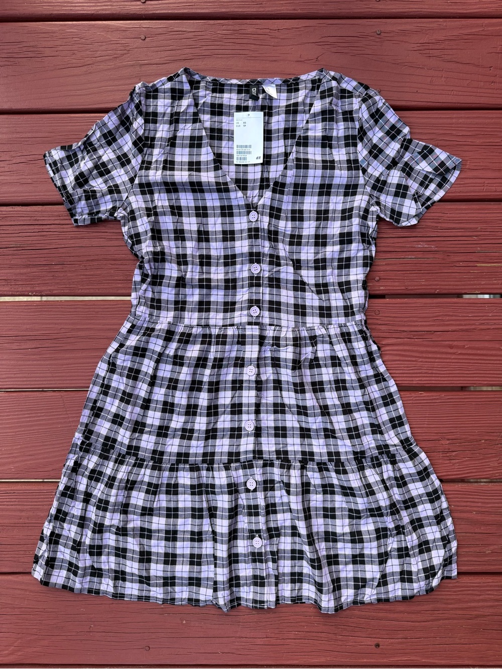 H&M Lavender and Black Plaid Button-Front Mini Dress